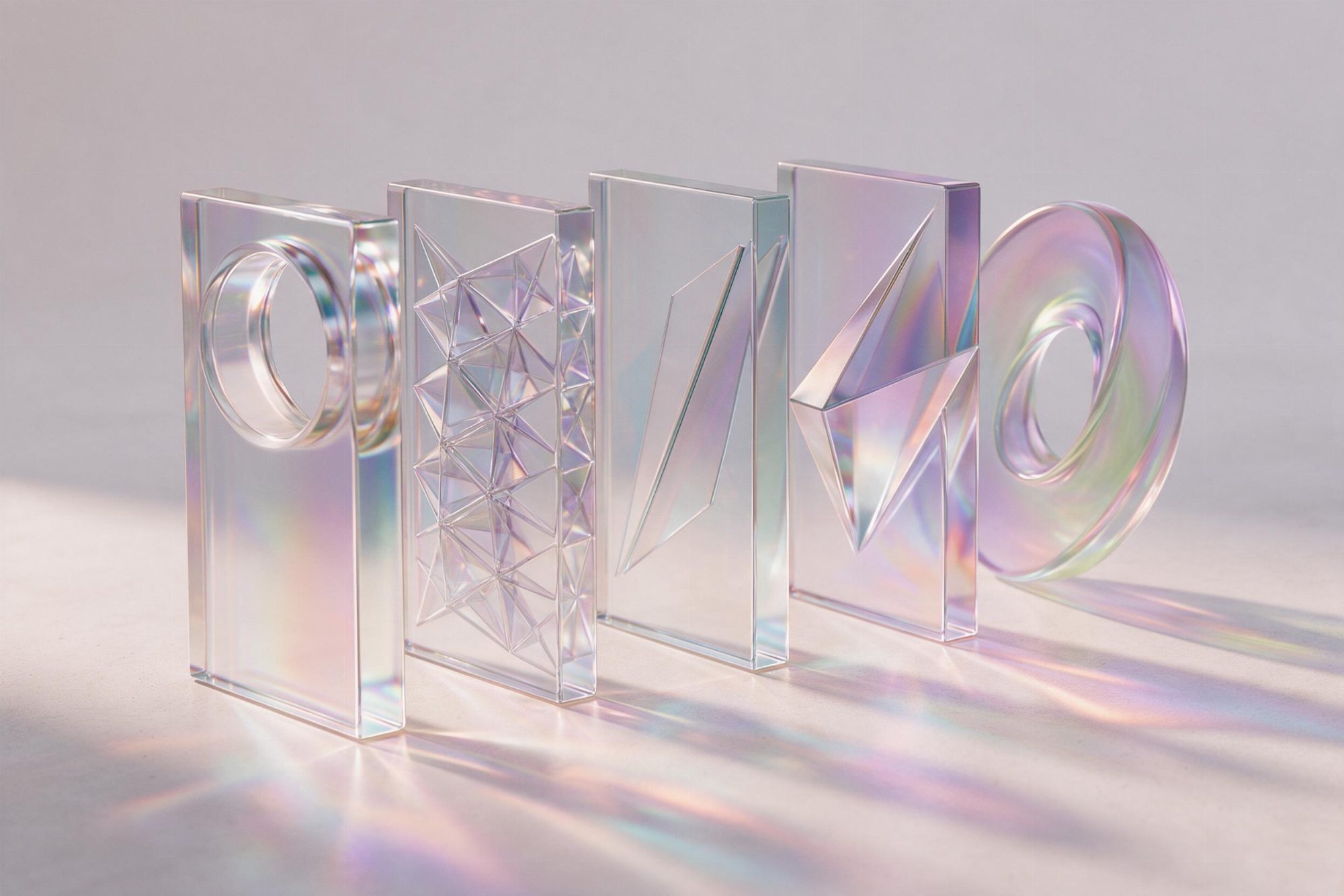 Five iridescent glass panels standing in a row, each cut with a different shape, ending in a looping ring